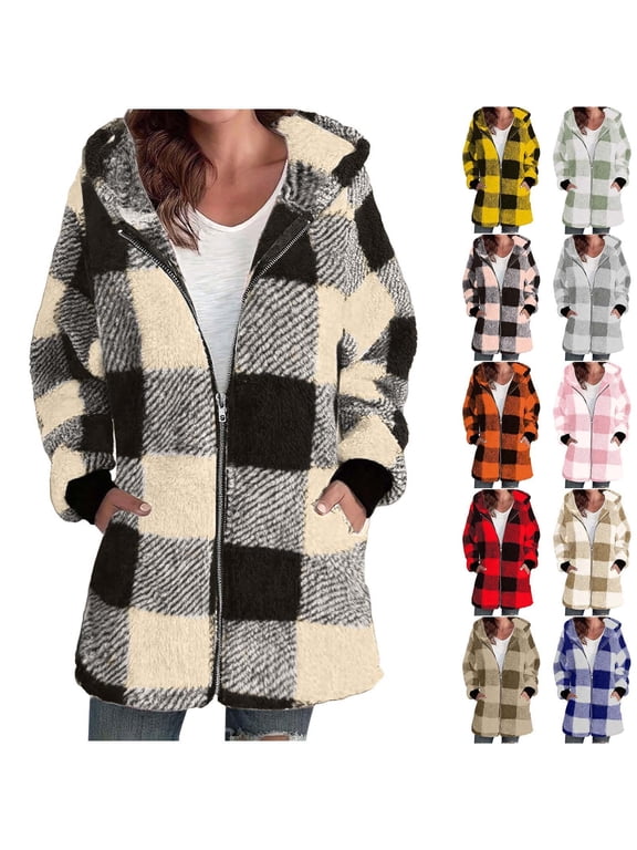 Hoodies for Women Zip Up Buffalo Plaid Jacket Top Long Sleeve Fleece Color Block Hooded Sweatshirt Outwear Coat Fuzzy