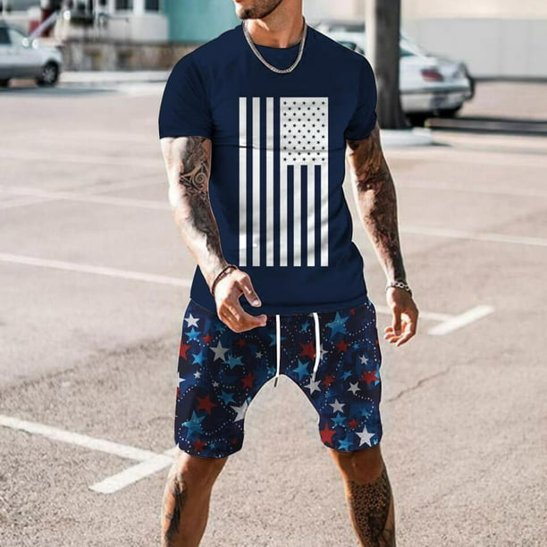 Jsaierl Independence Day Outfits for Men 2 Piece Patriotic Red White and Blue Graphic Tees Trendy Crewneck Top and Vintage Drawstring Shorts Sets