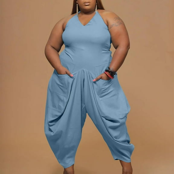 jsaierl Jumpsuits for Women Casual, Women's Summer Plus Size Solid Color Halter Harlan Jumpsuit