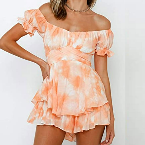 jsaierl Jumpsuits for Women, Women Boho Romper Off Shoulder Ruffle Chiffon Shorts Jumpsuit Playsuits