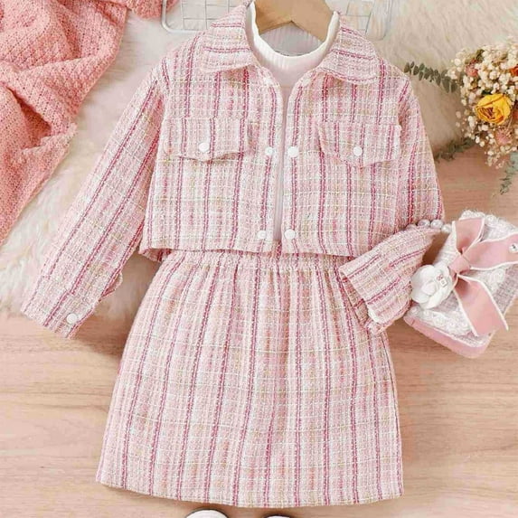 jsaierl Kids Toddler Baby Girl Fall Outfit 3 Pcs Long Sleeve High Neck Long Sleeve Sweater Top and Plaid Crop Jacket and Plaid Skirt Sets Winter Clothing 4T-7T