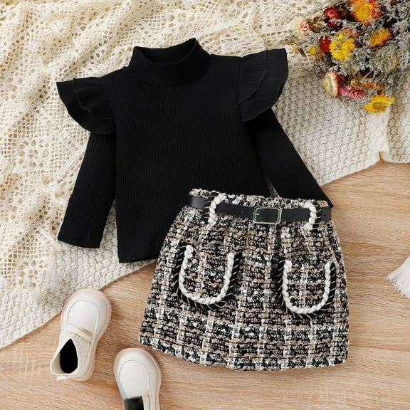jsaierl Kids Toddler Baby Girl Fall Winter Clothes Long Sleeve Ruffle Knit Sweater Top Woolen Mini Skirt 2PCS Outfits Set 6M-4T