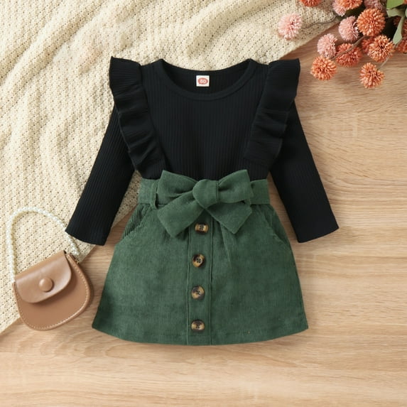 jsaierl Kids Toddler Baby Girl Fall Winter Outfit Long Sleeve Pompom Knitted Shirt Sweater Top Corduroy Skirt 2PCS Clothes Set 9M-3T