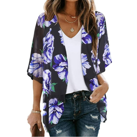 jsaierl Kimono Cardigans for Women Summer Floral Print Puff Sleeve Chiffon Tops Lightweight Loose Cover Up Casual Blouse Tops