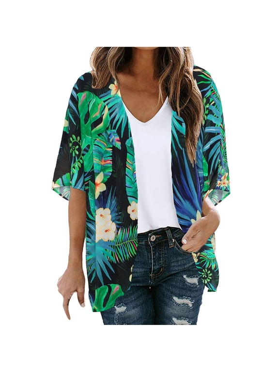 Women's Floral Print Puff Sleeve Kimono Cardigan Loose Chiffon Cover Up Casual Blouse Tops