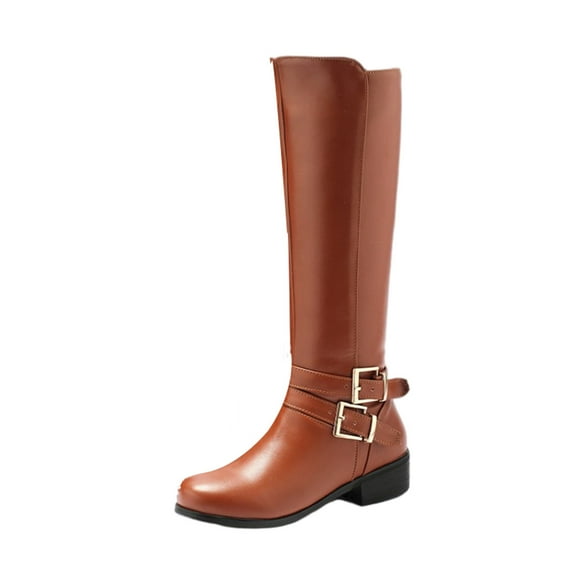 jsaierl Knight Boots Womens Comfortable Lowheeled Solid Color Long Boots With Belt Buckle High Boots