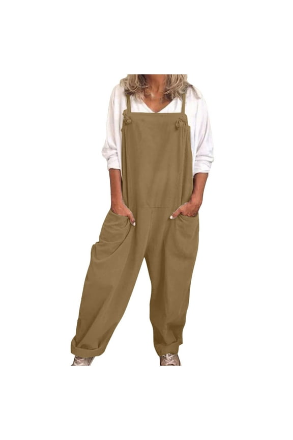 Linen Bib Overalls for Women Casual Solid Jumpsuit Comfy Flowy Wide Leg Trousers with Pockets