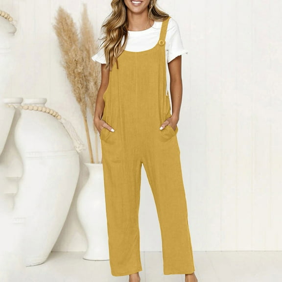 jsaierl Linen Bib Overalls for Women Plus Size Solid Casual Jumpsuit Loose Fit Comfy Trousers Jumpsuit with Pocket