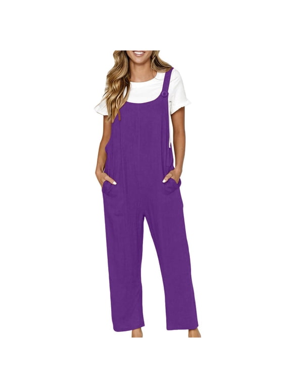 Linen Bib Overalls for Women Plus Size Solid Casual Jumpsuit Loose Fit Comfy Trousers Jumpsuit with Pocket