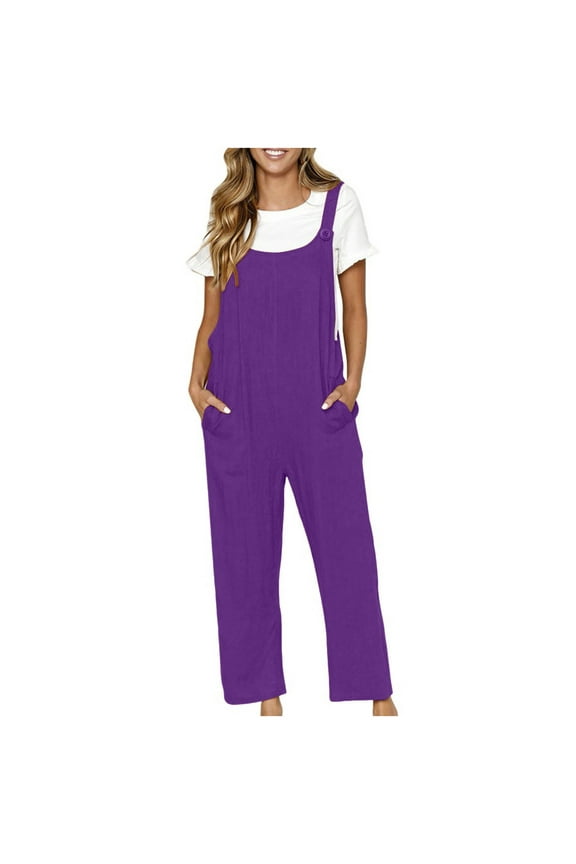 Linen Bib Overalls for Women Plus Size Solid Casual Jumpsuit Loose Fit Comfy Trousers Jumpsuit with Pocket
