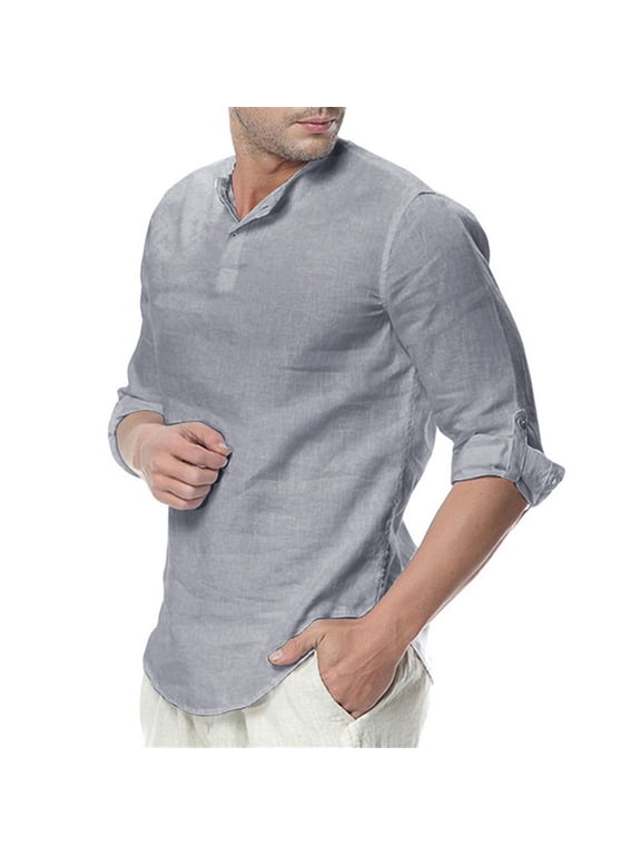 Linen Shirts for Men Casual Button Up Henley Shirt Big and Tall Roll Up Long Sleeve Beach Top Lightweight Shirt