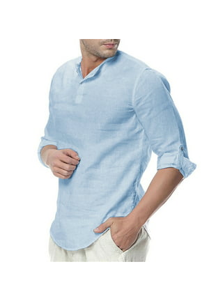 Frontwork Men Summer Beach Henley Linen Shirt Long Sleeve Loose Casual T  Shirts Roll Up Tops 3/4 Sleeve Solid T-Shirt