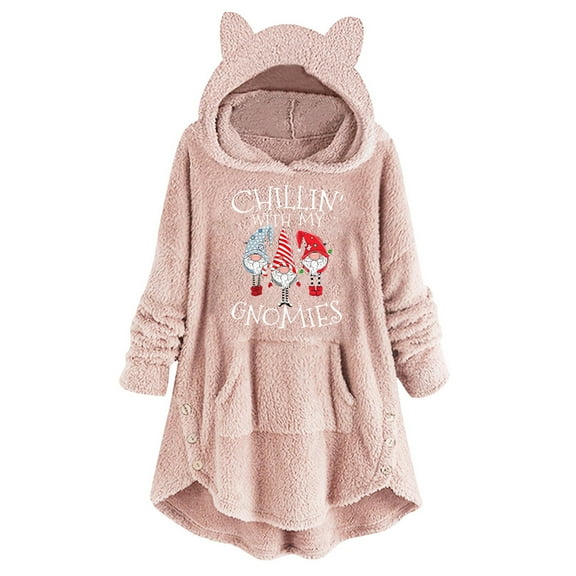 jsaierl Long Hoodies for Teen Girls Cat Ear Hooded Sweatshirt Long Sleeve Fleece Christmas Pattern Buttons Loose Fit Sweater Pullover for Women