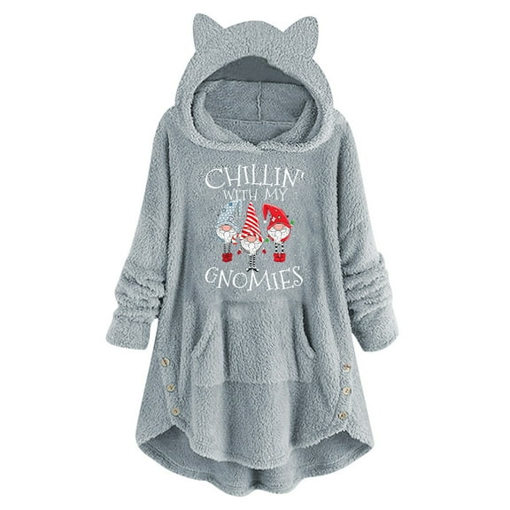 jsaierl Long Hoodies for Teen Girls Cat Ear Hooded Sweatshirt Long Sleeve Fleece Christmas Pattern Buttons Loose Fit Sweater Pullover for Women