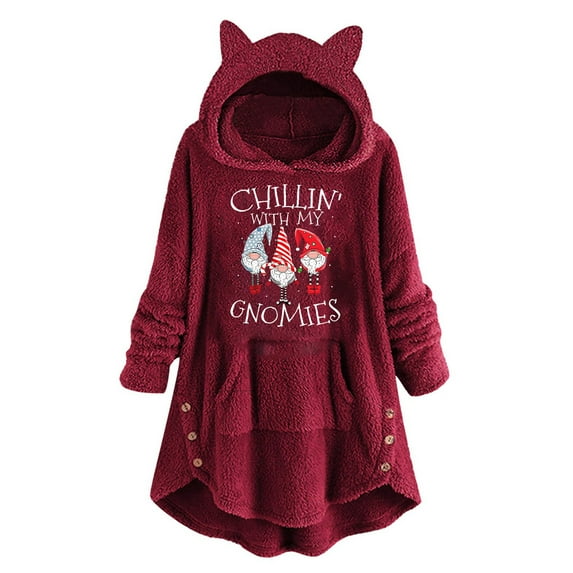 jsaierl Long Hoodies for Teen Girls Cat Ear Hooded Sweatshirt Long Sleeve Fleece Christmas Pattern Buttons Loose Fit Sweater Pullover for Women