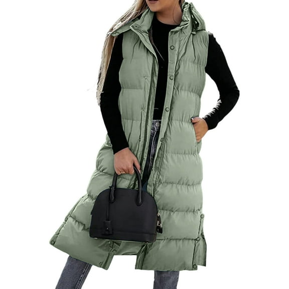 jsaierl Long Puffer Vest Women Button Down Sleeveless Hooded Jacket Overcoat Solid Color Side Slit Winter Parka Coat