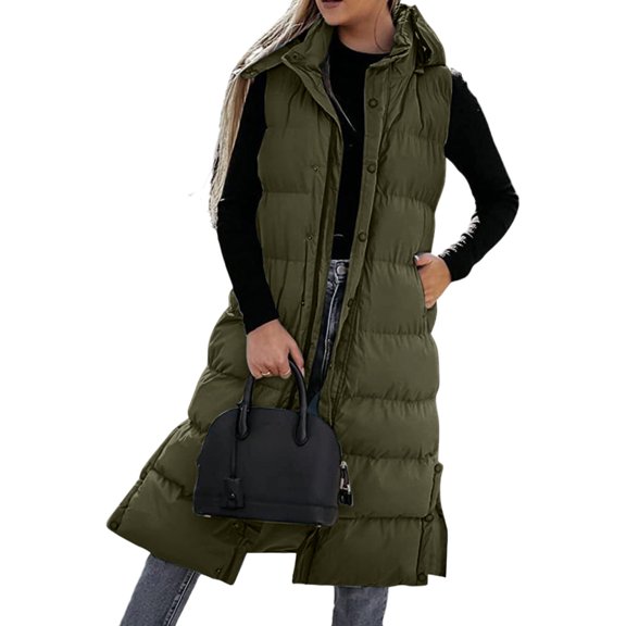 jsaierl Long Puffer Vest Women Button Down Sleeveless Hooded Jacket Overcoat Solid Color Side Slit Winter Parka Coat