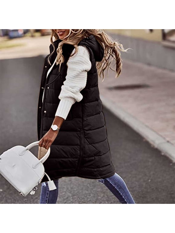 Long Puffer Vest Women Plus Size,Women's Winter Hooded Long Down Vest Full-Zip Sleeveless Puffer Vest Fashionable Coats Jacket Outerwear with Pockets