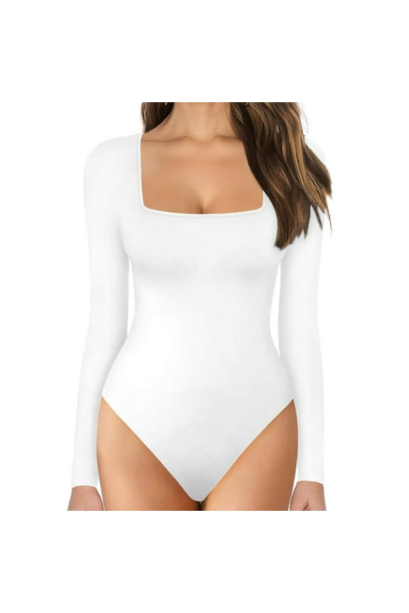 Long Sleeve Bodysuit for Women Black Square Neck Stretchy Sexy Slim Fit Tops Bodysuit Jumpsuit Shapewear