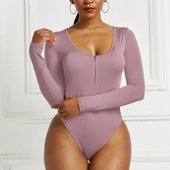 jsaierl Long Sleeve Bodysuit for Women Fashion Casual Solid Color Quarter Zip Scoop Neck Pullover Jumpsuit Bodysuit
