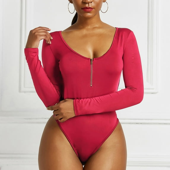 jsaierl Long Sleeve Bodysuit for Women Fashion Casual Solid Color Quarter Zip Scoop Neck Pullover Jumpsuit Bodysuit
