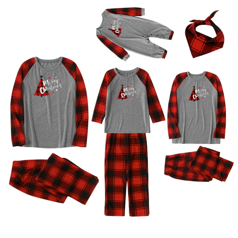 jsaierl Matching Christmas Pajamas for Family Funny Holiday Cute Print Tops and Plaid Pants Xmas Sleepwear Pjs Set Loungewear Suit