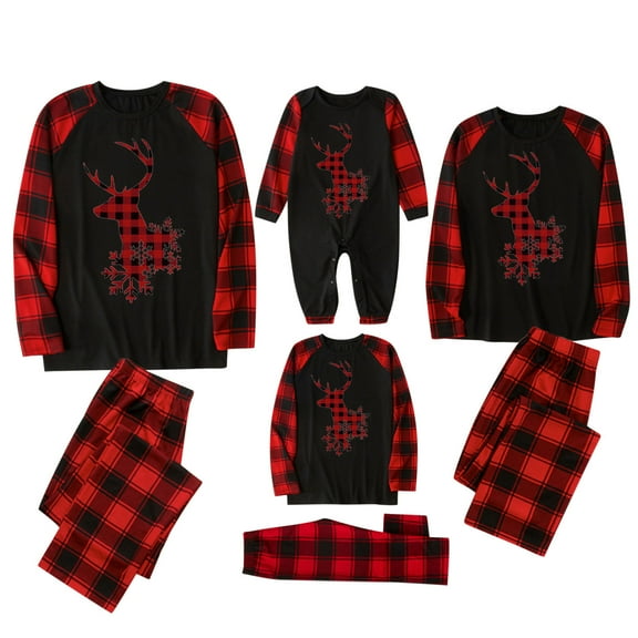 jsaierl Matching Family Pajamas Sets Christmas PJ's with Deer Printed Tee and Plaid Bottom Loungewear