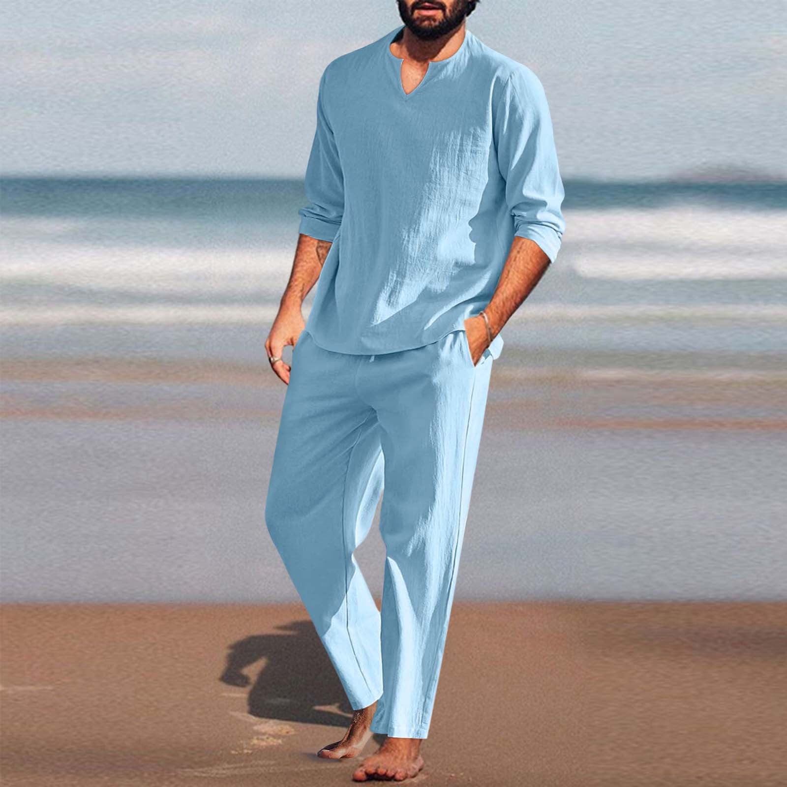 Men's V-Neck 3/4 Sleeve Sweater Set With Shorts - Casual Knitted Outfit