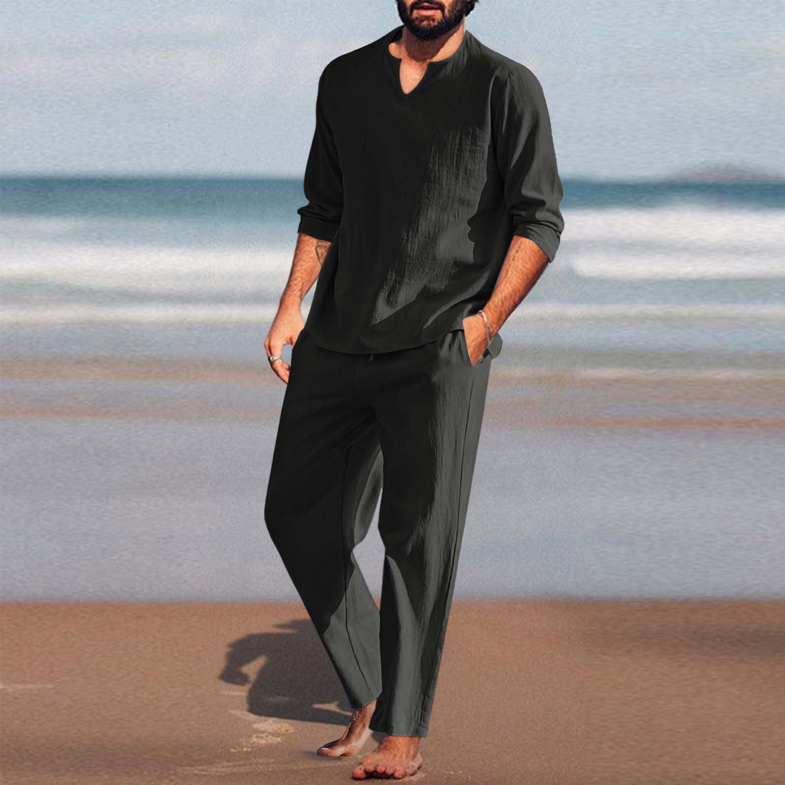 RPOVIG Linen Shirt Pants Outfits:Men's Linen Sets 2 Piece Short Sleeve  Shirts Yoga Pants Beach Wedding Suits