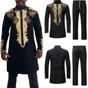 jsaierl Mens 2 Piece Outfit Long Sleeve Button up Shirt and Pants Sets Luxury African Print Traditional Dashiki Suit