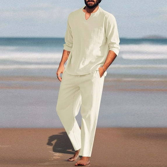 jsaierl Men's 2 Pieces Cotton Linen Set Henley Shirt Long Sleeve and Casual Beach Pants Summer Yoga Outfits Lounge Pajama Sets for Men