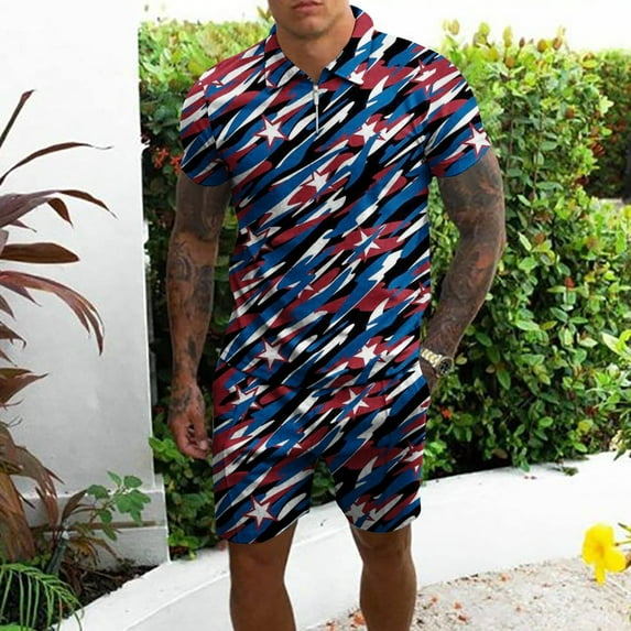 jsaierl Men's 4th of July Outfits 2 Piece Patriotic Red White and Blue Graphic Tees Regular Fit Round Neck Top and Plus Size Drawstring Shorts Sets Track Suits