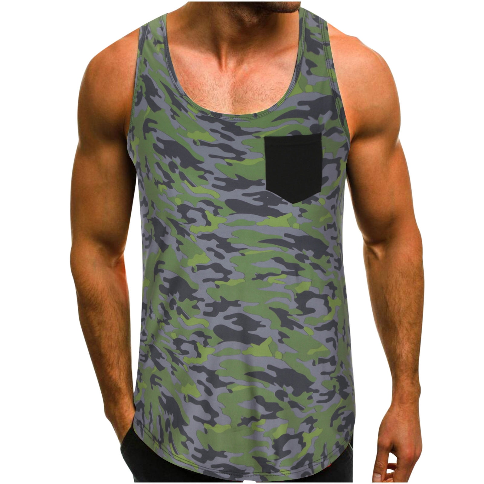 jsaierl Men's Camo Tank Tops Summer Round Neck Pocket Casual Sleeveless