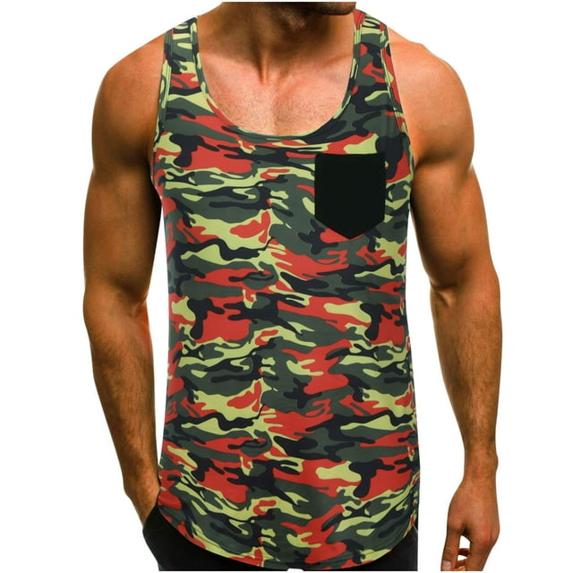 jsaierl Men's Camo Tank Tops Summer Round Neck Pocket Casual Sleeveless