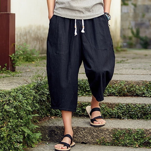 jsaierl Men's Casual Loose Sports 3/4 Pants Linen Drawstring Plus Size Trousers Wide Leg Lightweight Baggy Harem Pants