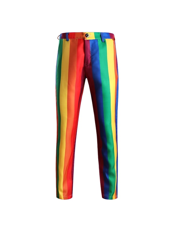 Men's Colorful Printed Pants Casual Slim Fit Straight Rainbow Suit Pant Stripe Daily Stretch Pencil Trousers