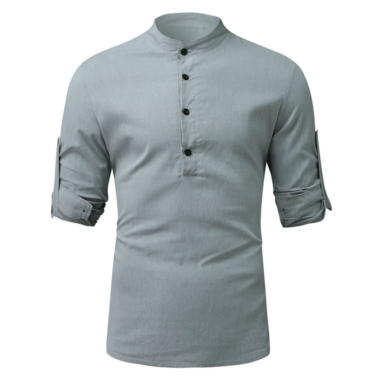 jsaierl Men's Cotton Linen Henley Shirt Casual Roll Up Long Sleeve Hippie  Beach T Shirts Solid Regular Fit Button Up Tee Top 