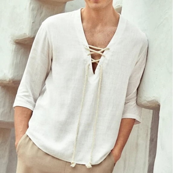 jsaierl Men's Cotton Linen Henley Shirt Lace Up 3/4 Sleeve V Neck Casual Beach Hippie Shirts