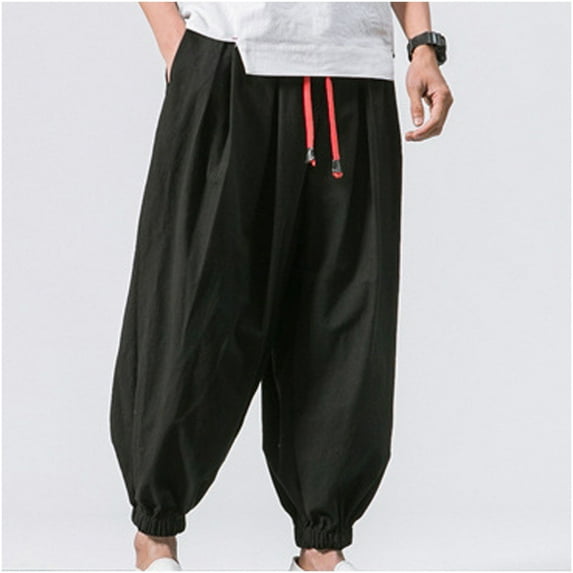 jsaierl Men's Cotton Linen Solid Color Pants Casual Loose Fit Elastic Waist Trousers Drawstring Baggy Wide Leg Yoga Pant