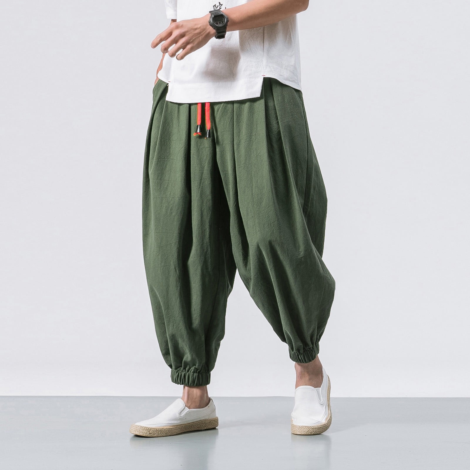 jsaierl Men's Drawstring Baggy Pants Solid Color Casual Wide