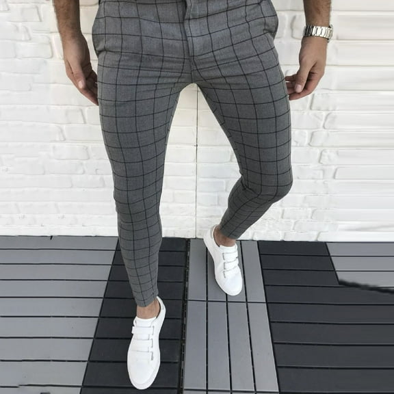 jsaierl Men's Dress Pants Casual Plaid Flat-Front Skinny Business Pencil Long Pants Pocket Plaid Slim Formal Trousers