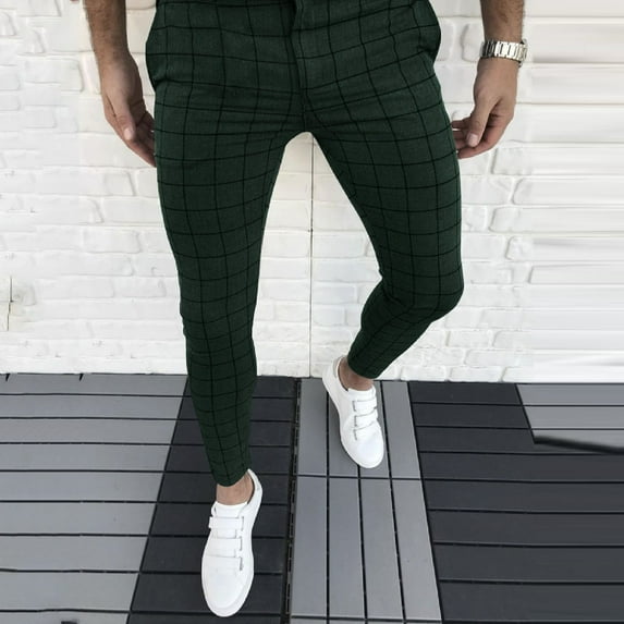 jsaierl Men's Dress Pants Casual Plaid Flat-Front Skinny Business Pencil Long Pants Pocket Plaid Slim Formal Trousers