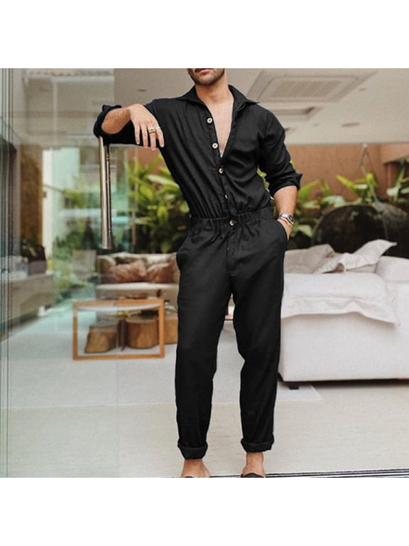 Men's Fashion Romper Long Sleeve Jumpsuit Button Down Playsuit One-Piece Casual Solid Pants with Pockets