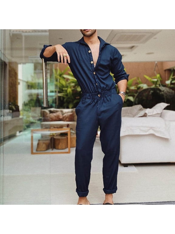 Men's Fashion Romper Long Sleeve Jumpsuit Button Down Playsuit One-Piece Casual Solid Pants with Pockets