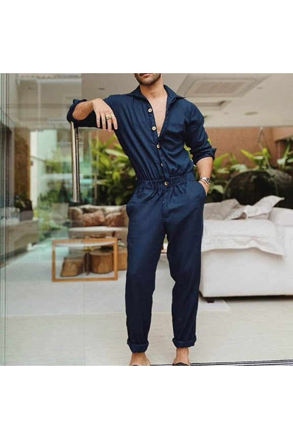 Men's Fashion Romper Long Sleeve Jumpsuit Button Down Playsuit One-Piece Casual Solid Pants with Pockets