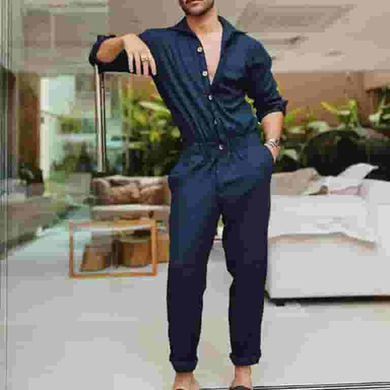 jsaierl Men's Fashion Romper Long Sleeve Jumpsuit Button Down
