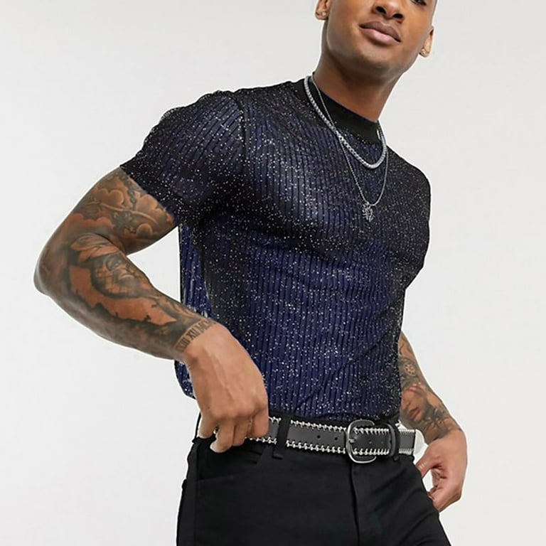 jsaierl Men s Fashion Sexy Mesh Perspective Shirts See Through Transparent Shirt Muscle Workout Short Sleeve Undershirts