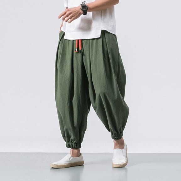jsaierl Men's Harem Pants Cotton Linen Plus Size Pants Elastic Waist Lace Up Trousers Print Hippie Yoga Pants Comfy Workout Pants for Men