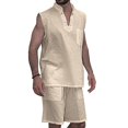 thumbnail image 1 of jsaierl Men's Linen Solid Shorts Sets Summer Sleeveless Tracksuit V-Neck Workout Vest Top Casual Yoga Beach Outfits, 1 of 4