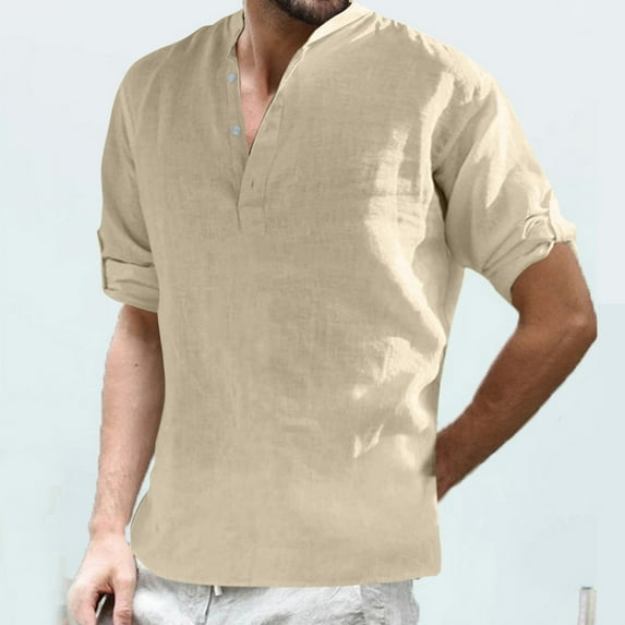 jsaierl Men's Long Sleeve Henley Shirt Cotton Linen Casual Roll Up Sleeve Hippie Beach T Shirts Solid Stand Collar Button Up Tee Top